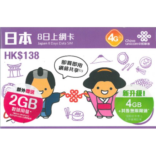 中國聯通日本8天4GB上網卡